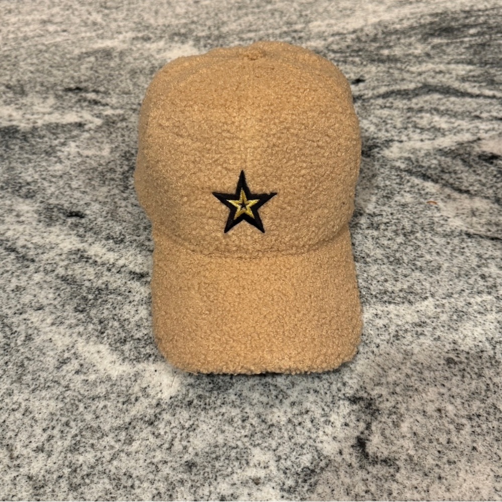 New Custom Designed Tan Teddy Fleece Sherpa Baseball Cap with Black & Gold Star.